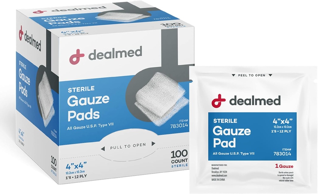 Dealmed 4’’’ x 4’’’ Sterile Gauze Pads (100 Zähler) Einweg- und Individuell Wrapped Medical Gauze Pads, Wound Care Produkt für First Aid Kit und medizinische Einrichtungen (Pack von 1)