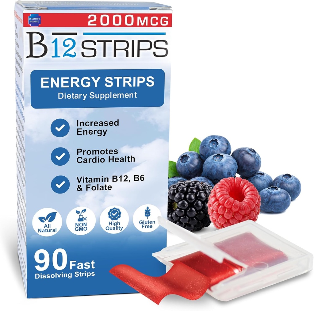 Essential Source 2.000 mcg Methylcobalamin Vitamin B12 Sublingual Energy Strips | Biotin, B6, 5-MTHF L-Methylfolate | Sublingual B12 Vitamine, Folate | Energy, Gehirngesundheit, Nerve Funktion - 90 Strips