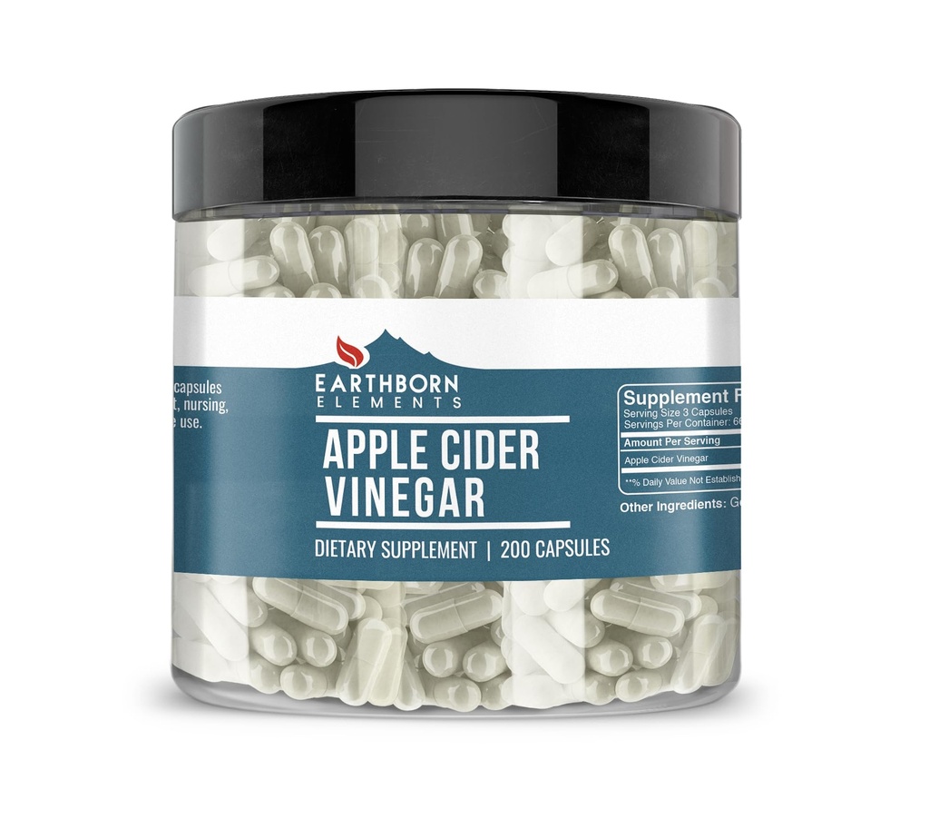Éléments terriens vinaigre de cidre de pomme 200 capsules, pur et non dilué, sans additifs