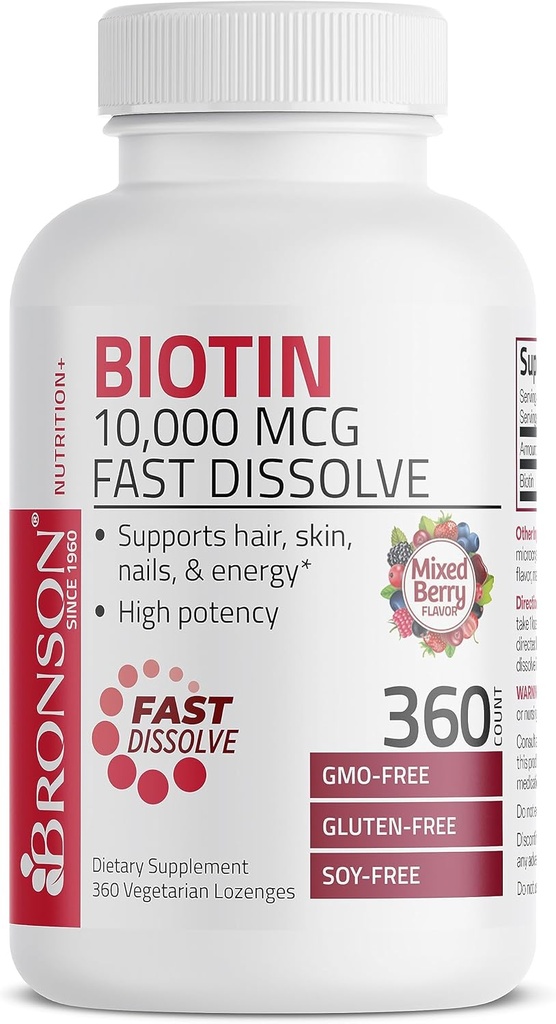 Bronson Biotin 10.000 MCG Lozenges Fast Dissolve High Potency unterstützt Haar, Haut und Nägel gemischte Berry Flavor - Non-GMO, 360 Vegetarische Lozenges