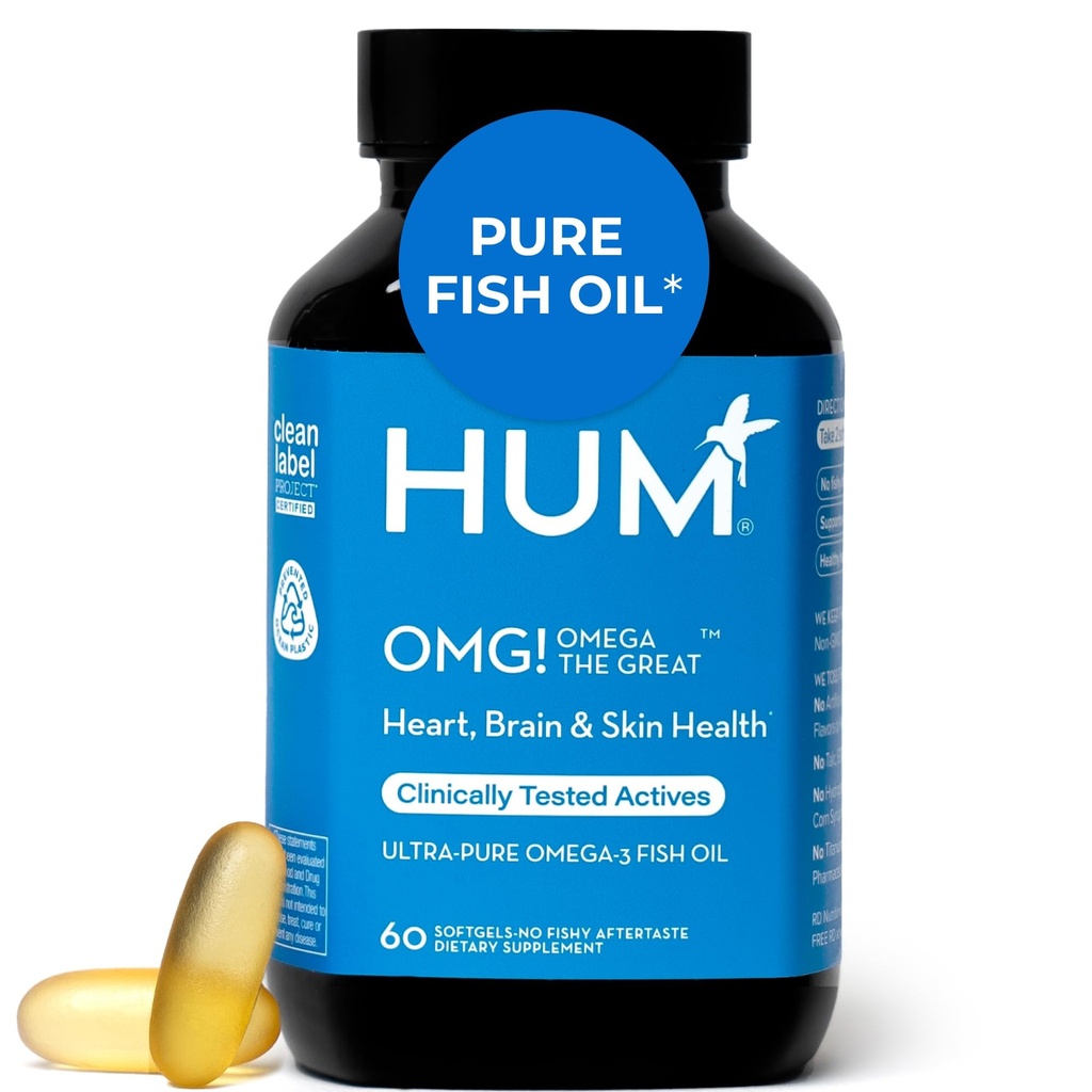 HUM OMG! Omega The Great Triple Omega 3 Fish Oil Supplement für Frauen und Männer mit Vitamin E, DHA & EPA, Hautpflege & Hautton Unterstützung für Herz & Gehirn Gesundheit, Glutenfrei, Non GMO, 60 Softgels