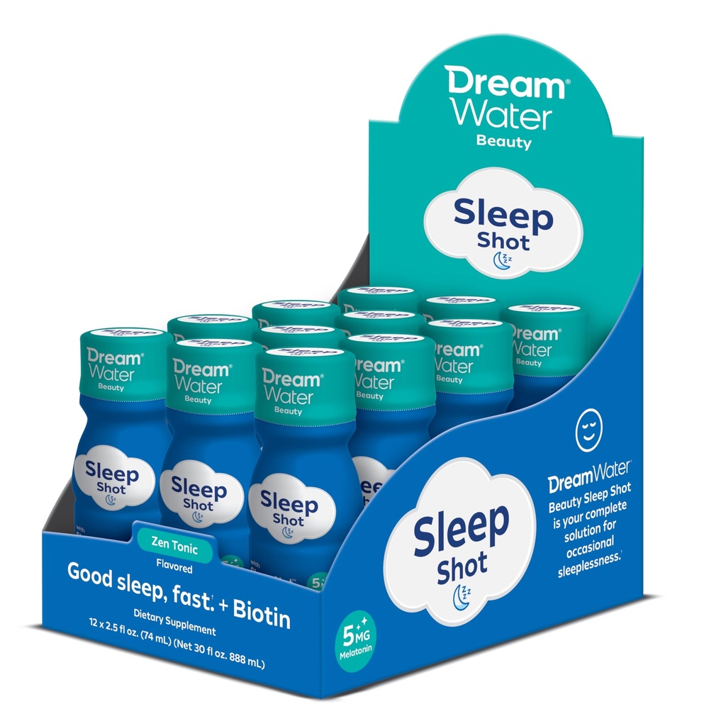 Dream Water Beauty Sleep Aid Drink Supplement; Melatonine 5mg, GABA, 5-HTP, Plus Biotine pour la peau, les cheveux et les ongles sains; 2,5 oz liquides sleep Shots, Zen Tonic 12 Count