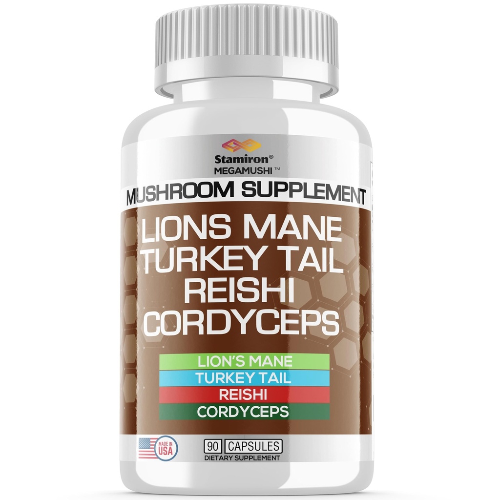 Stamiron Lions Mane Supplement Türkei Tail Mushroom Kapseln mit Cordyceps Extrakt & Reishi Pilze - Alt zu Pilzgummis, Pilzpulver, Pilz Kaffee - 90 Count
