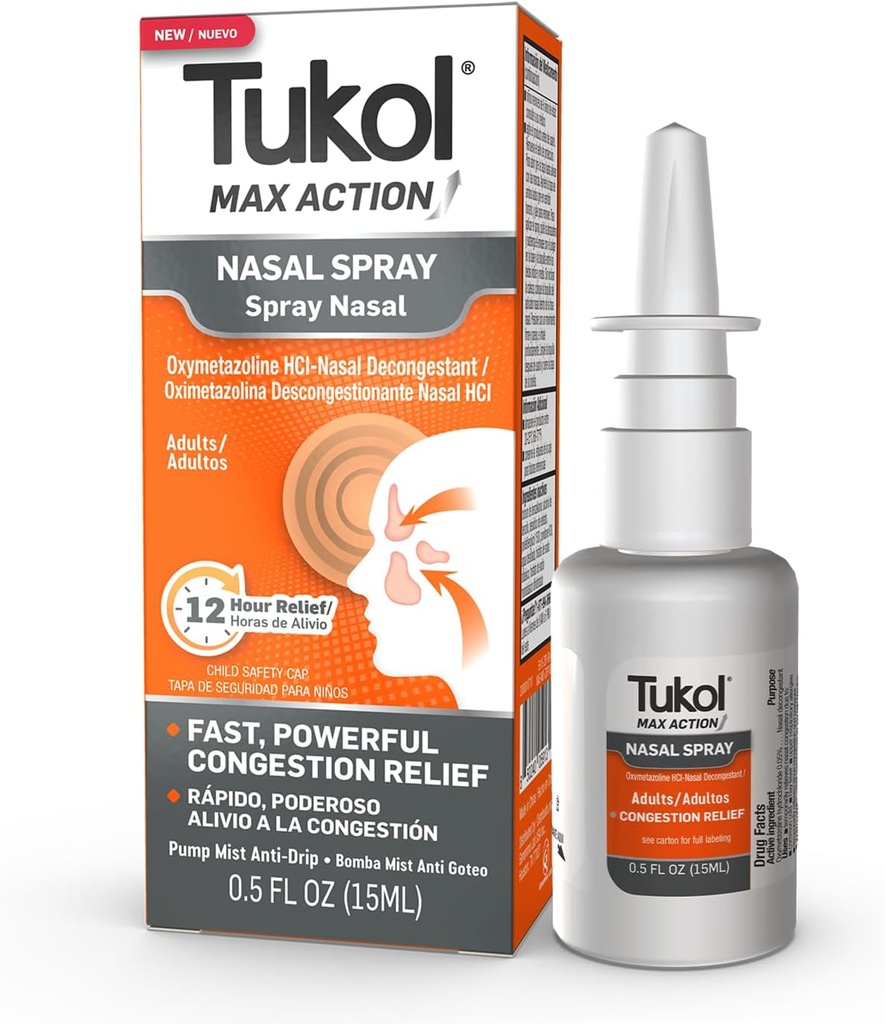TUKOL Max Action Nasal Spray, Oxymetazolin Nasal Decongestant Spray für Erwachsene, Fast Stuffy Nose & Sinus Congestion Relief, 12-Hour Nose Spray Decongestant, 0,5 fl oz