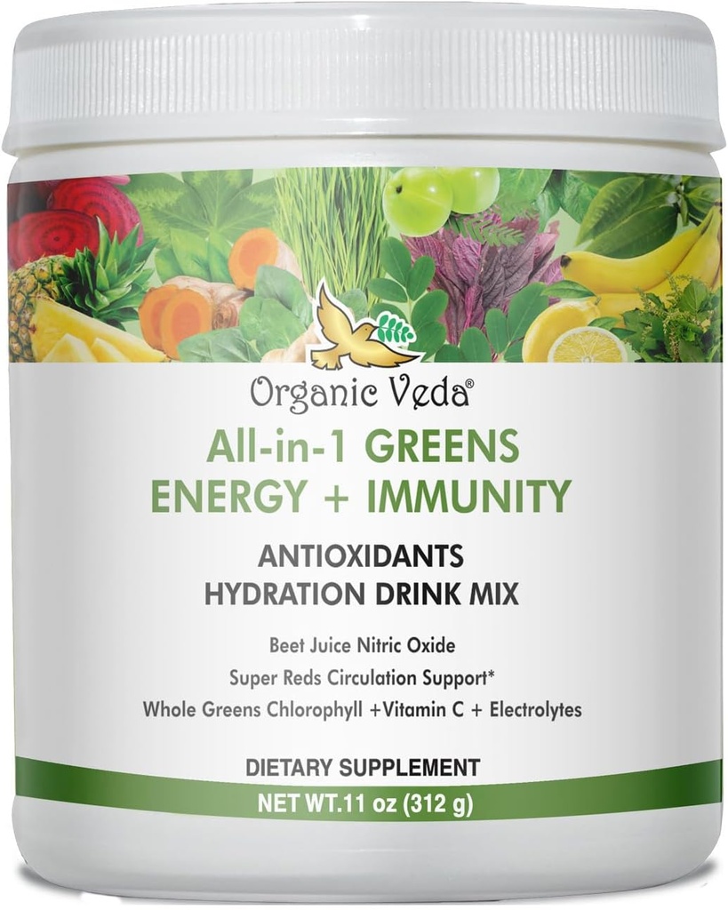Bio Veda Super Greens Antioxidant Hydration Getränk Pulver mit Elektrolyten für Energie, Immunität - Tägliche Bio Superfoods Chlorophyll, Beet, Moringa, Chlorella, Spirulina, Turmeric - 11 oz