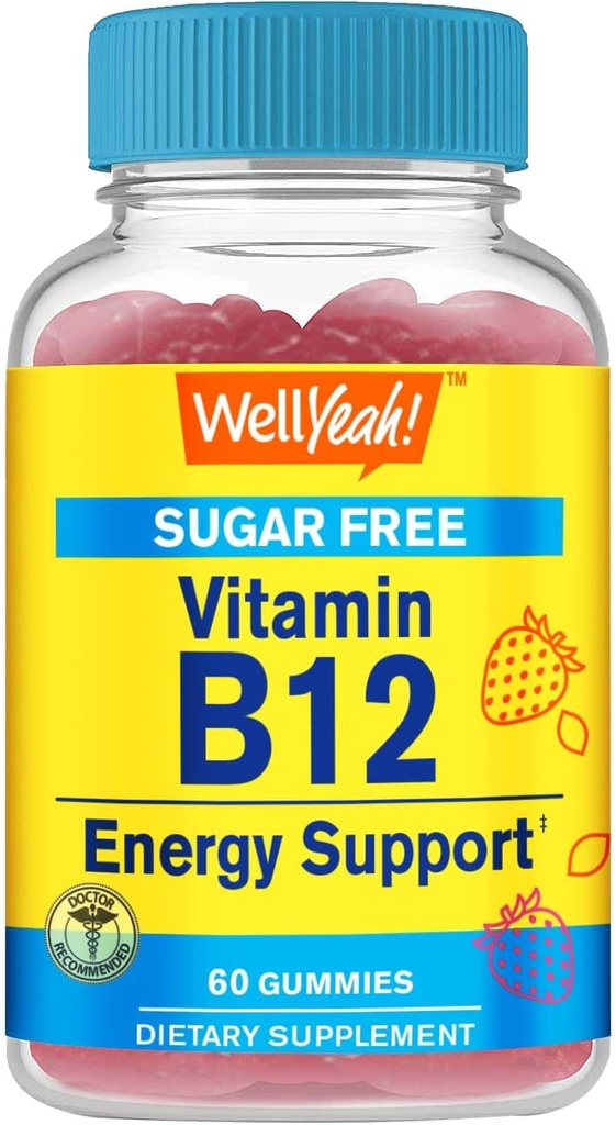WellJa Vitamin B12 1000mcg Zucker freie Gummie | Nahrungsergänzung | für Energie und Stoffwechsel Unterstützung | Erdbeeren Geschmack | 60 Zähler