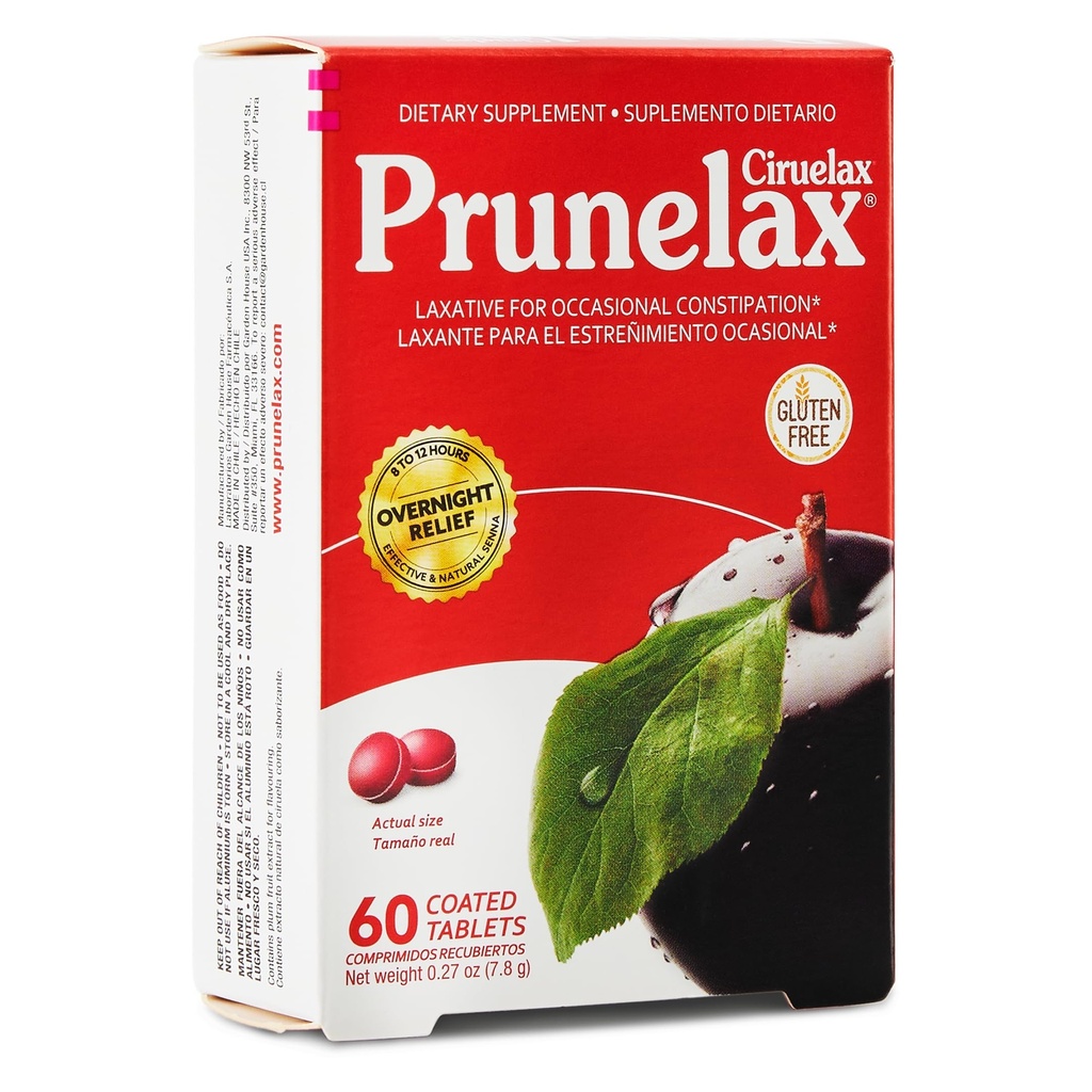 Prunelax Ciruelax Regular Strength Laxative Mini Comprimés - Relief de nuit pour Constipation occasionnelle, Extrait de Senna, Vegan & Sans gluten, Relief doux - 60ct