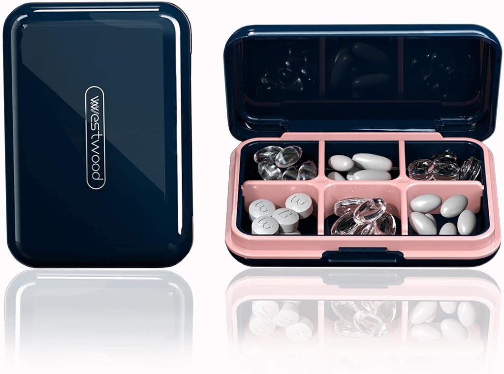 DUBSTAR Travel Pill Organizer Hydraure Waterproof Small Pill Box for Pocket Purse 6 Compartiments Portable Pill Case Medicine Container Vitamine Holder,Blue
