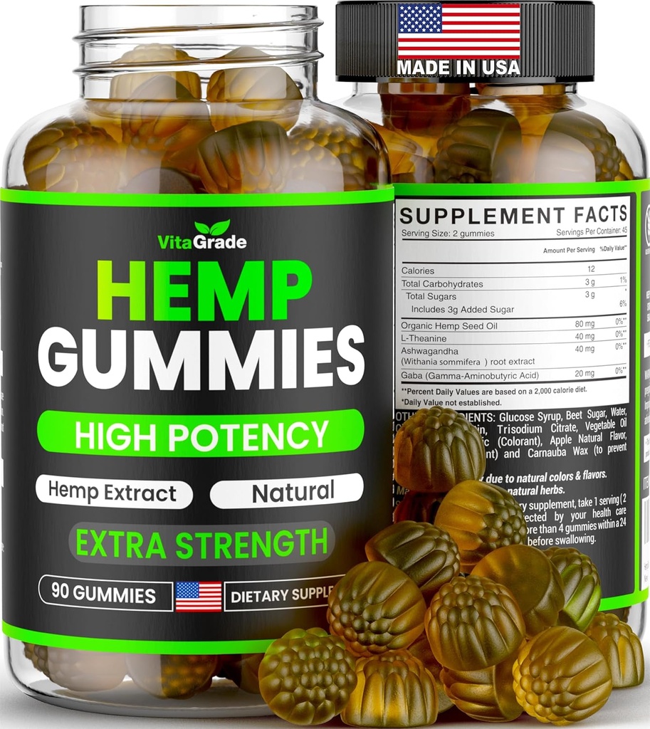 Hanfgummis - Extra Strength for Peace & Relaxation - Infused with Pure Hemp Oil, Ashwagandha, L-Theanine - Tasty Relaxation Supplement - Natural Relief - 90 Ct - Made in USA - Green Apple Flavor
