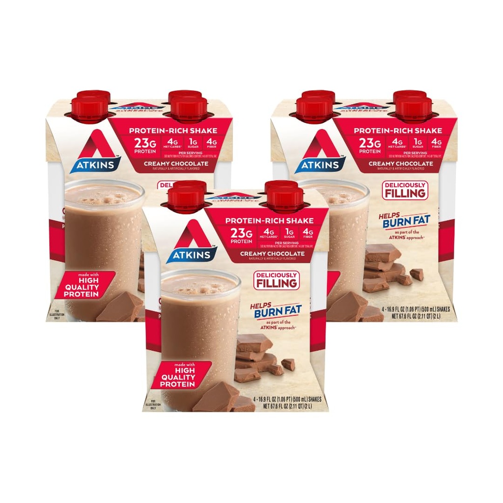 Atkins Chocolat crémeux Taille des repas Secouer les protéines, 23g Protéines, Faible Glycémie, 4g Net Carb, 1g Sucre, Keto Friendly, 12 Compte