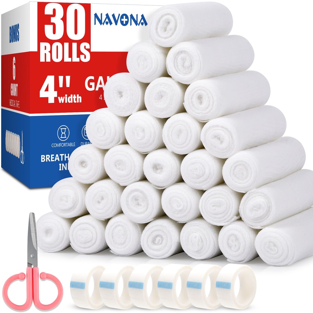 Navona Gauze Rollen 30 Pack, 4 in x 4.1 Yards, Individuell gewalzt Gauze, Mummy Wrap, Premium Gauzes Wrap Roll für Wunden