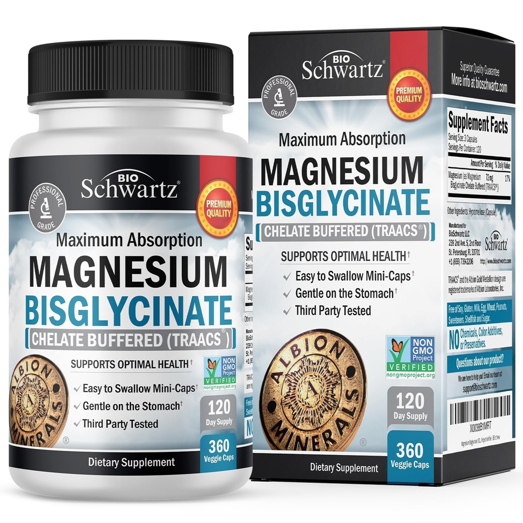 Supplément chélaté en bisglycine de magnésium - Supplément de magnésium à haute absorption pour support musculaire, osseux et articulaire, non laxatif, entièrement tamponné, non OGM, biodisponibilité maximale - 360 capsules
