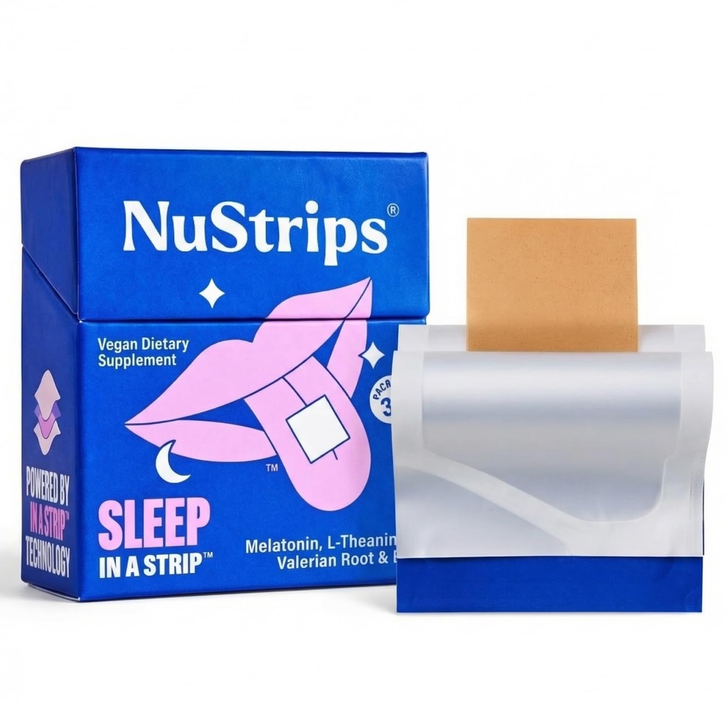 NuStripsTM Bandes de sommeil à dissolution rapide avec 5 mg de mélatonine, racine valériane, L-théanine et vitamine B6 – Blueberry Flavor - aide naturelle au sommeil, végétalien, non-OGM, sans gluten – Asleep d'automne rapide (30 bandes)