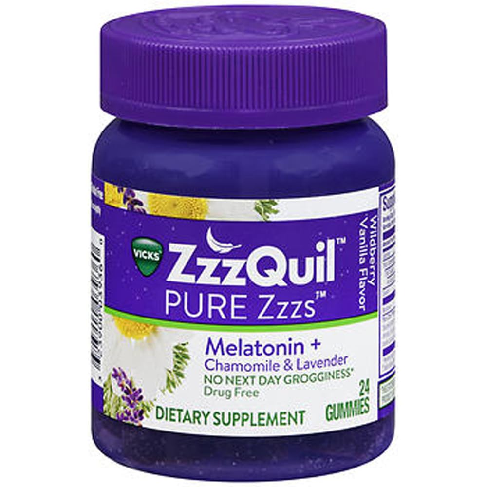 ZzzQuil Pure Zzzs Melatonin Gummis, Schlafhilfe, Melatonin 2mg, mit Chamomile & Lavender, Melatonin Schlafgummis, Schlafhilfen für Erwachsene, Wildberry Vanilla Flavored, 24 Schlafgummis