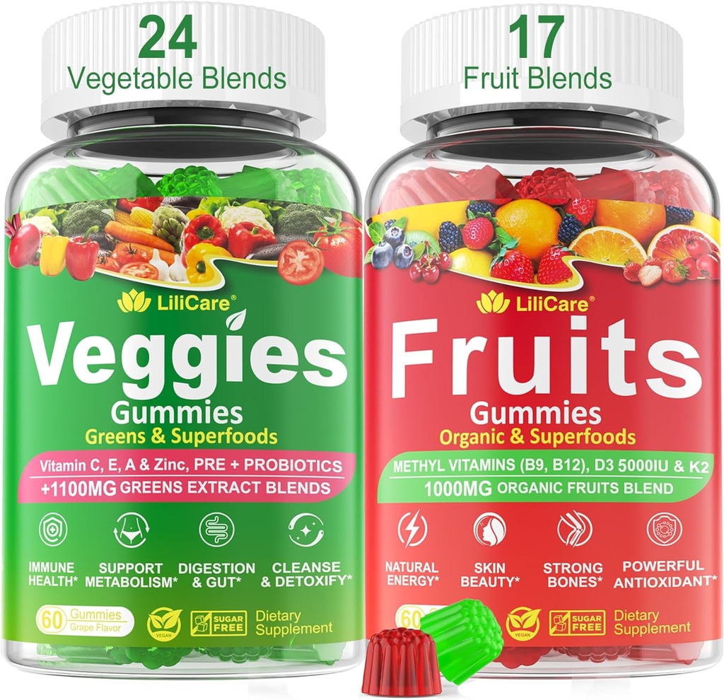 Fruits et légumes sans sucre Gummies w/D3K2, B9, B12, Magnésium, 41+ Supplément superalimentaire naturel Fruits et légumes pour le soutien digestif et glutifiant, l'énergie, l'équilibre nutritionnel, l'antioxydant non-OGM 2pack