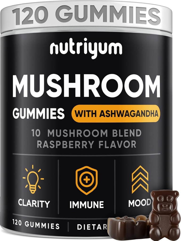 Mushroom Gummies 10 Blend 120 pcs - Lions Mane, Ashwagandha, Turkey Tail, Cordyceps, Chaga, Reishi Mushroom Complex - Pilzergänzung für Immun, Energie, Clarity & Cognitive