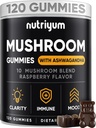 Mushroom Gummies 10 Blend 120 pcs - Lions Mane, Ashwagandha, Turkey Tail, Cordyceps, Chaga, Reishi Mushroom Complex - Pilzergänzung für Immun, Energie, Clarity & Cognitive