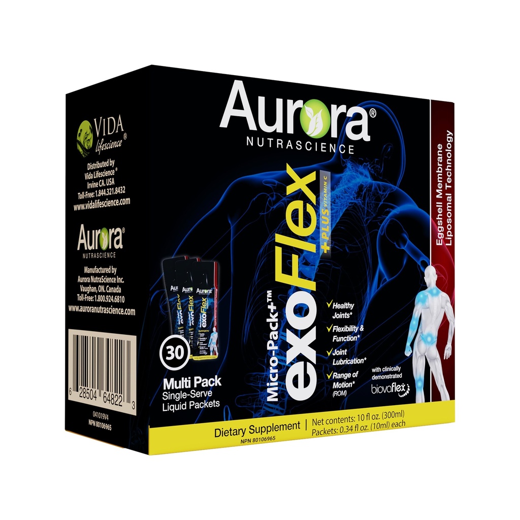 Aurora Nutrascience Micro-Pack ExoFlex+ liposomale avec vitamine C, soutient la flexibilité et la fonction articulaires, BiovaFlex Eggshell Membrane, Curcumin & Boswellia, Strwaberry Flavor, 30 packets mono-serve