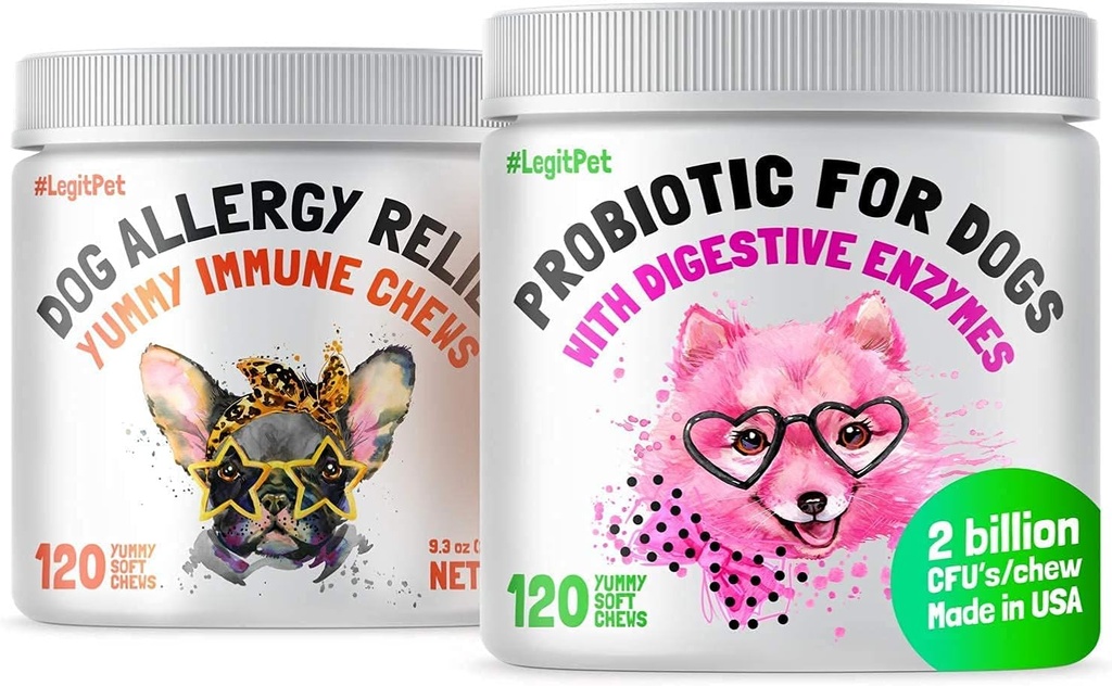 LEGITPET Allergy Relief Kauen für Hunde & Immununterstützung mit Kelp, Colostrum & Bee Pollen 120 Soft Chews und Probiotics für Hunde mit natürlichen Verdauungsenzymen 120 Soft Chews Bundle - Made in USA