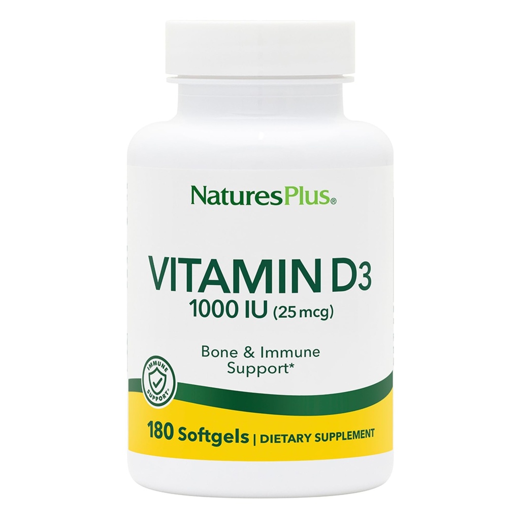 Natures Plus Vitamin D3 (Cholecalciferol) - 1000 iu, 180 Softgels - Ernährungsunterstützung für gesunde Knochen & Immunsystem-Unterstützung - Bioverfügbare aktive Form - Glutenfrei - 180 Portionen