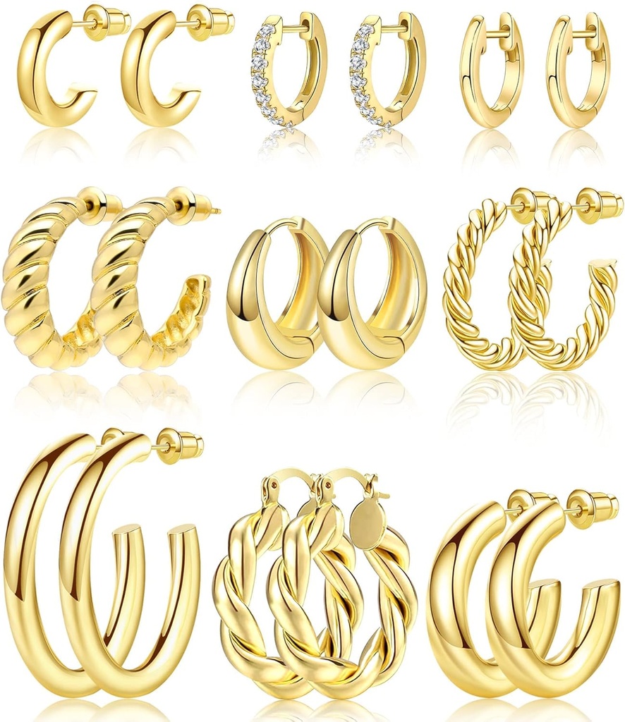 Adoyi 9 Paare Gold Hoop Ohrringe Set für Frauen Twisted Huggie Hoops Ohrringe 14K 18K Vergoldet für Mädchen Valentines Muttertag Geburtstag Geschenke Leicht
