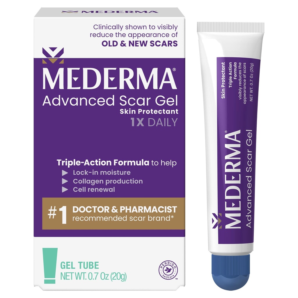 Gel de cicatrice avancé Mederma - traite les cicatrices anciennes et nouvelles, réduit l'apparence des cicatrices de l'acné, chirurgie, brûlures, blessures et marques stretch, 0.70 Oz (20g)