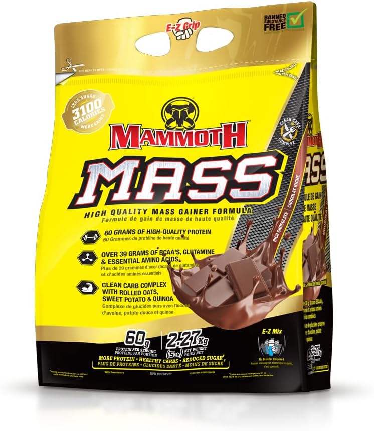 Mammoth masse: gain de poids, haute teneur en protéines de calories poudre d'entraînement smoothie Shake, faible teneur en sucre, concentré d'isolat de lactosérum, mélange de protéines de caséine, formation du poids, haute teneur en protéines (chocolat, 5lb)