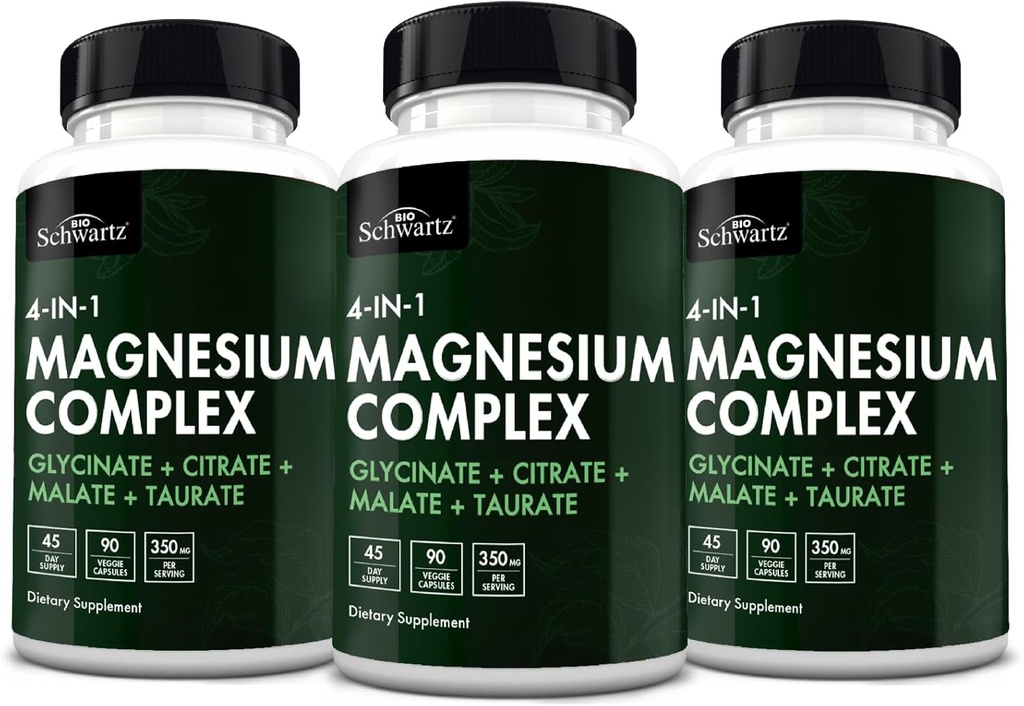 BioSchwartz Magnesium Complex Supplement (3 Pack) 350mg Magnesium Glycinat Citrat Malat und Taurat Pro Servieren für gesunde Nerven Muskeln Herz Schlafunterstützung (Vegan, Glutenfrei, Non-GMO)