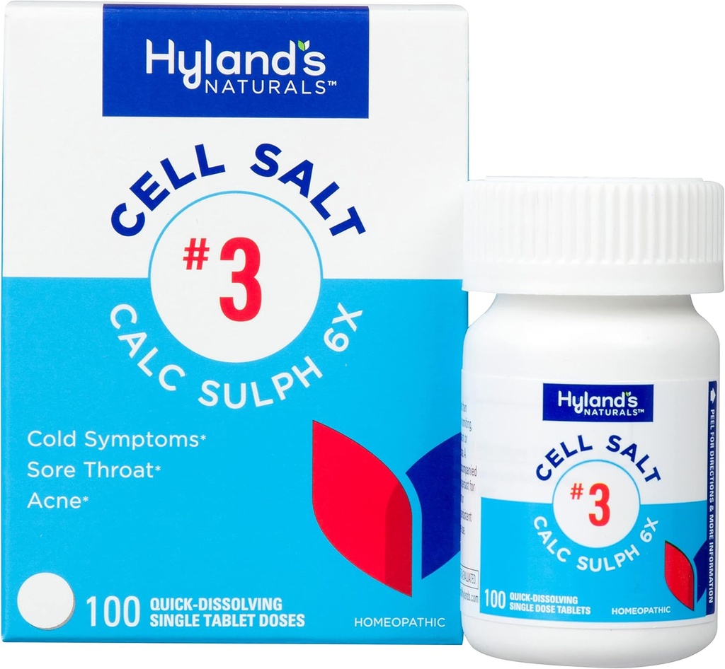 Hyland's Cell Salt No. 3 Calc Sulph 6X Tablets, Kaltes Relief, Natürliches homöopathisches Relief von Kalten, Sore Throat, Akne, Schnellauflösende Tabletten, 100 Zähler