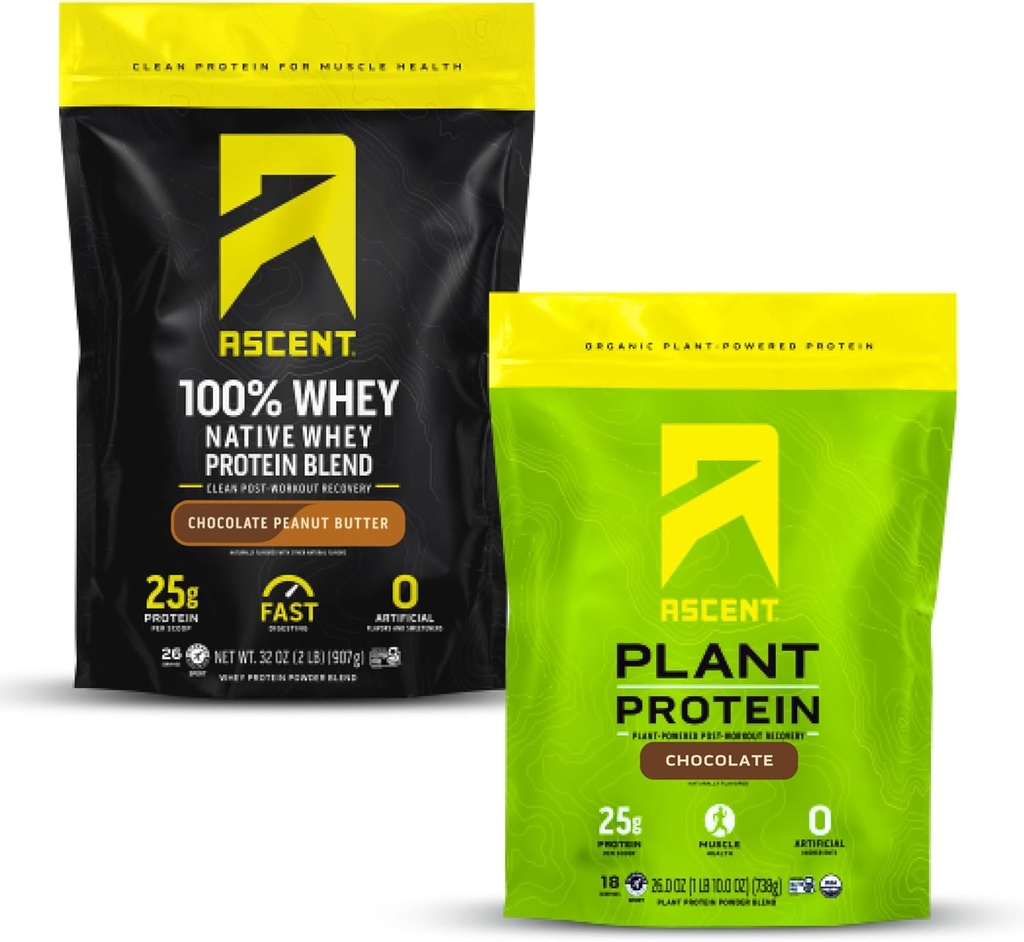 Ascent Whey + poudre de protéines végétales - beurre d'arachide au chocolat 2 lb et chocolat 18 portions