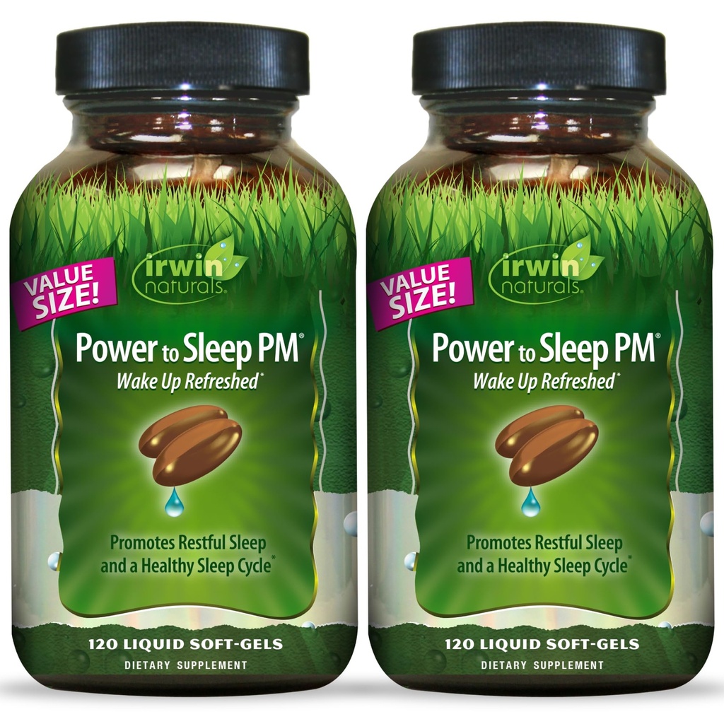 Irwin Naturals Power to Sleep PM - 120 Liquid Soft-Gels, pack de 2 - avec Melatonine, GABA, Ashwagandha, Valerian Root & L-Theanine - 120 Total des services