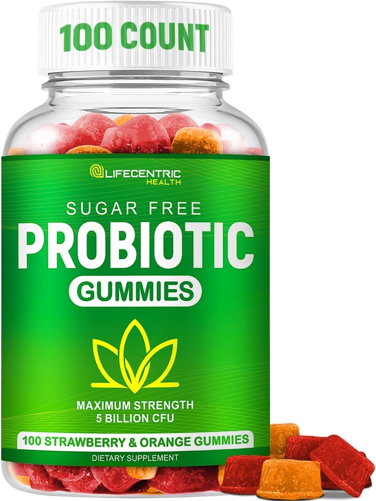 Probiotic Gummies für Erwachsene und Kinder Max Strength 5 Billion CFU | Organic Sugar Free Gummies for Digestive Health | 100 Count Vegan Gluten Free Chewable Probiotics Gummies für Männer Frauen und Kinder