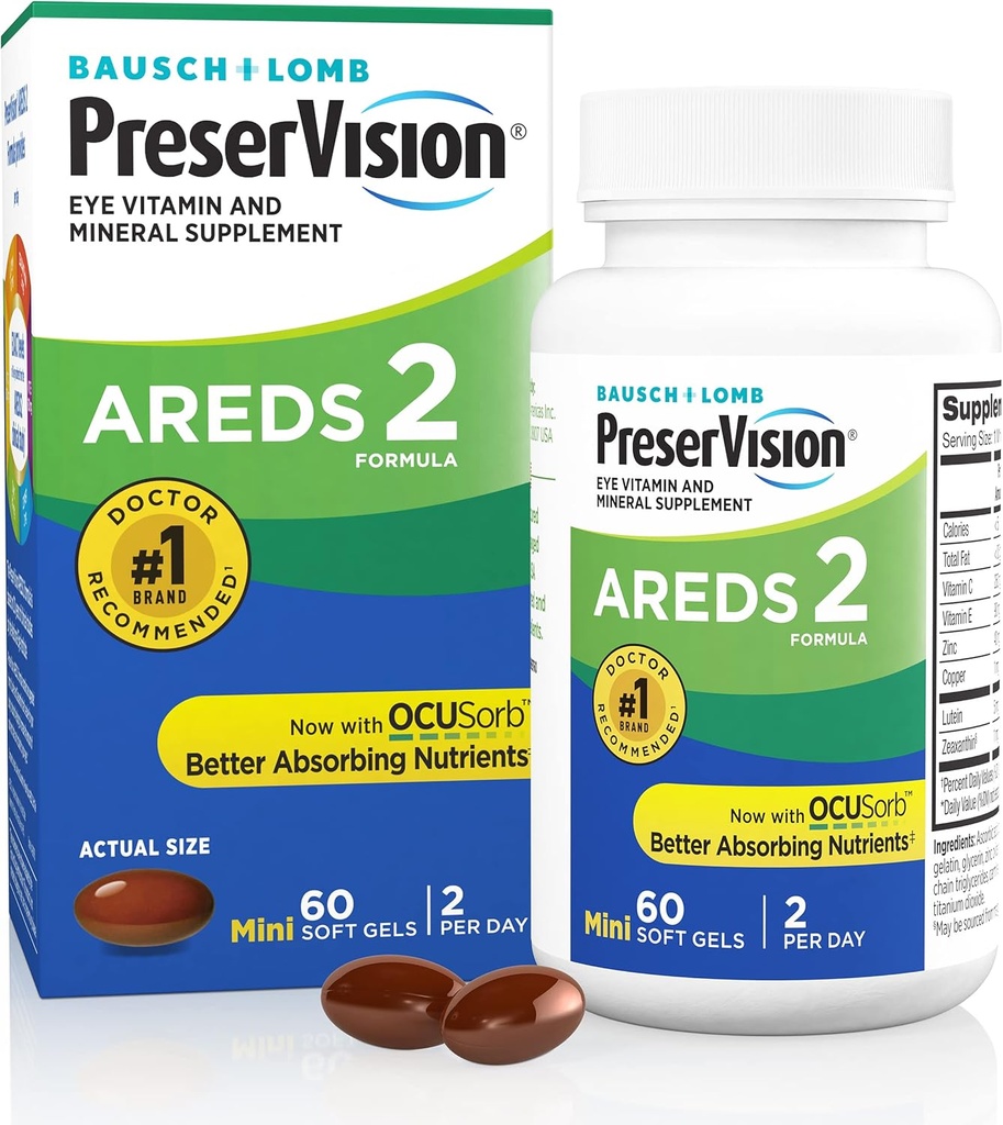 PreserVision AREDS 2 Vitamines oculaires, #1 Eye Doctor Marque recommandée, supplément de lutéine et de zéaxanthine avec vitamine C, vitamine E, zinc et cuivre, 60 softgels (minigels)