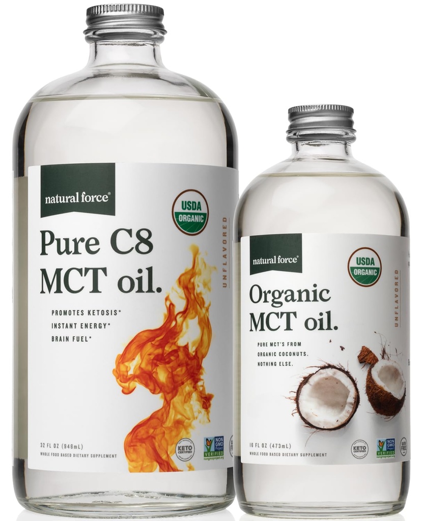 Force naturelle Bio pure C8 + Bio pleine spectre MCT Huile – USDA Organic, non OGM, 100% pur noix de coco MCT – Keto, Paléo, Vegan et Kosher – 32 Oz et 16 Oz bouteilles en verre