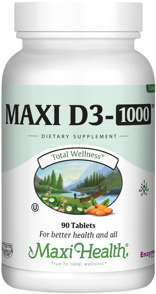Maxi Health Vitamine D3 1000 UI complément alimentaire - Facile à avaler - Sans odeur et sans goût - soutient l'absorption de calcium, la santé immunitaire et la santé osseuse chez les femmes et les hommes adultes - 90 comprimés