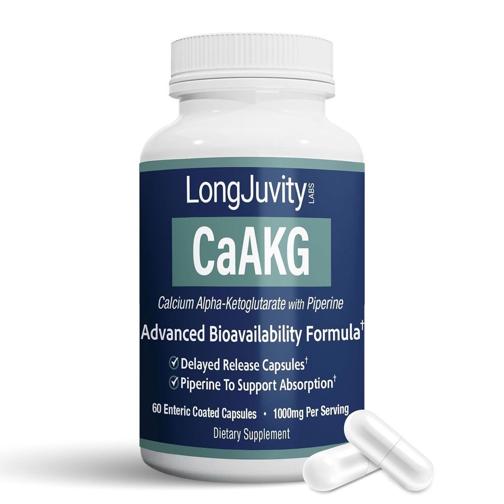 LongJuvity Calcium Alpha-Ketoglutarate Time Release AKG Supplement (1.000mg pro Servierung) - Gut Heath, Knochengesundheit, Anti Aging & Longevity - Unabhängig Lab getestet (60 Enteric Coated Capsules)