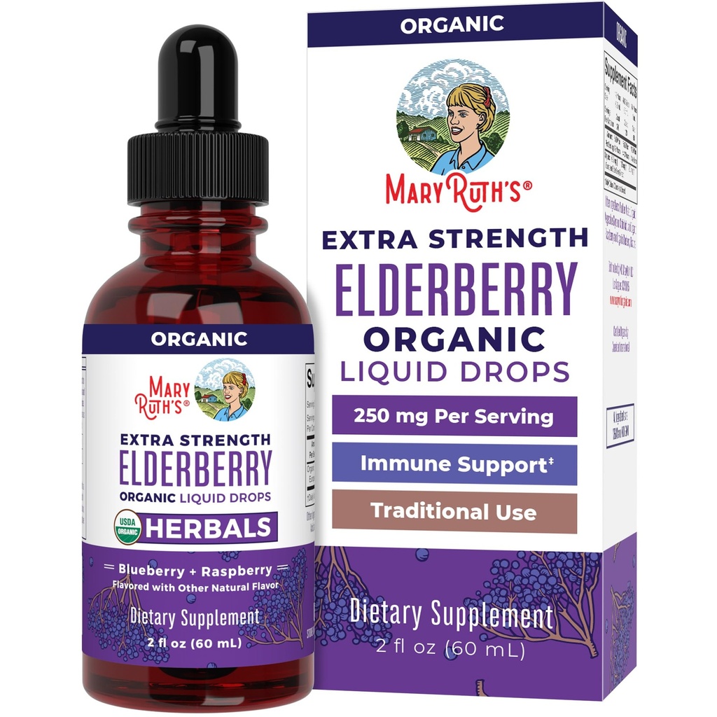 MaryRuth Organics Elderberry Syrup Extra Strength, USDA Organic Elderberry, Sugar Free Adults & Kids Immun Support Supplement für Alter 1+, Clean Label Project Verified®, Vegan, Gluten Free, 2 Fl Oz