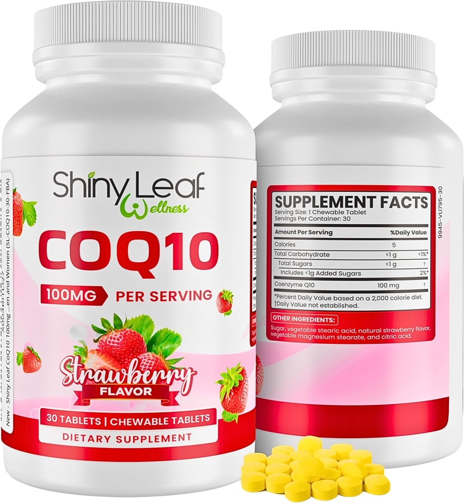 Feuille brillante CoQ10 100mg - Supplément CoQ10 à croquer - Coenzyme Q10 pour la santé cardiaque et l'énergie - Supplément CoQ 10 à croquer - Pour le mieux-être cardiovasculaire - 100mg Comprimés à croquer, 30 comprimés, fabriqués aux États-Unis