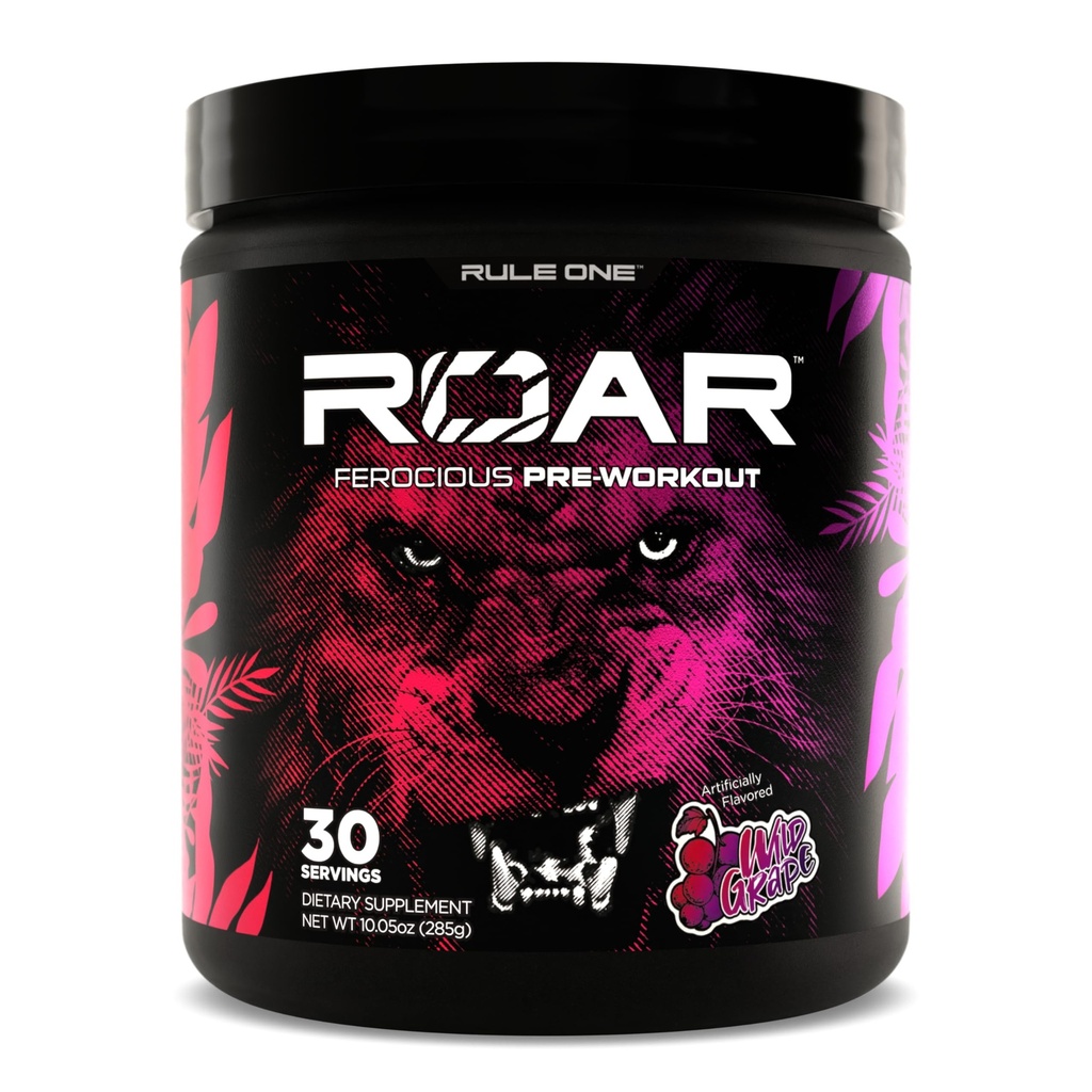 Règle 1 R1 Roar - Poudre de pré-travail avec créatine, bêta-alanine, citrulline, électrolytes et caféine (30 portions, raisins sauvages)