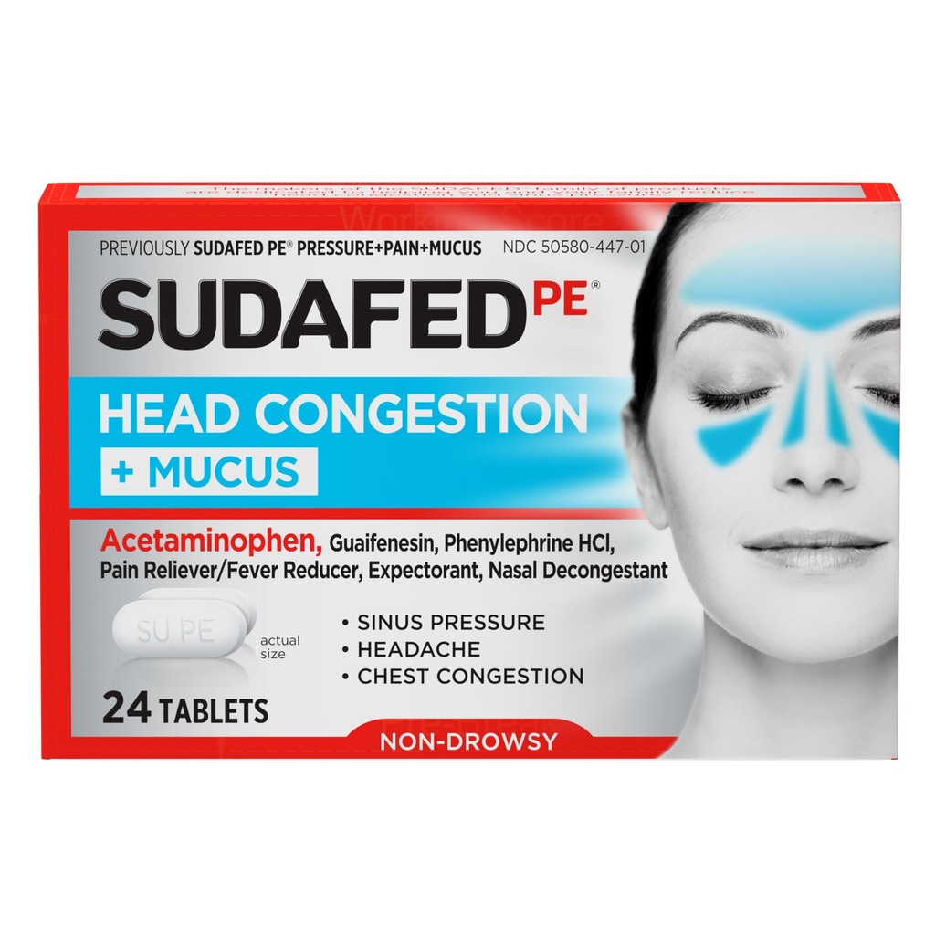 Sudafed PE Head Congestion + Mucus Relief Tablets für Sinusdruck, Congestion, & Kopfschmerzen, Nicht-Drowsy Decongestant mit Acetaminophen, Guaifenesin & Phenylephrine HCI, 24 ct