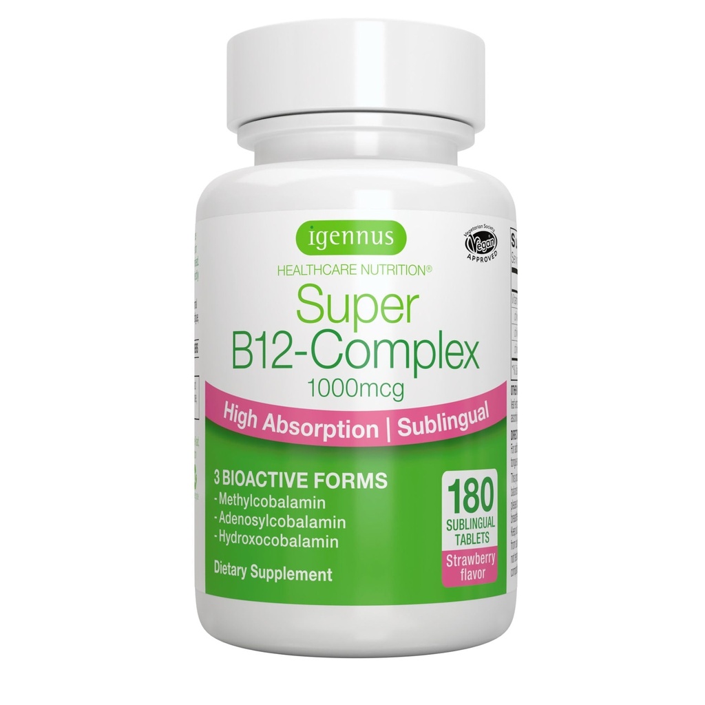 Igennus Sublingual Vitamin B12 Complex 1000mcg, Methylated Methylcobalamin, Adenosylcobalamin & Hydroxocobalamin, Hohe Absorption & Sauber, 180 Servierungen, Zuckerfrei & Vegan