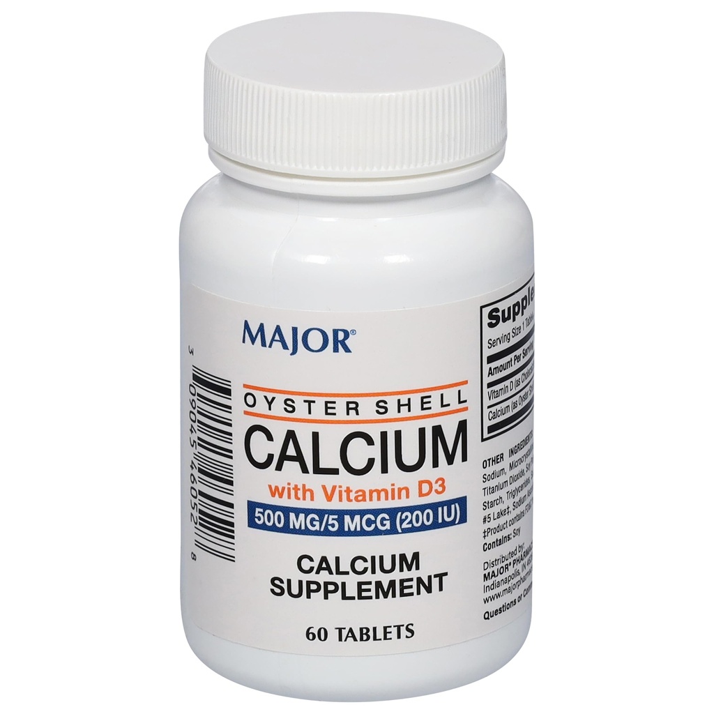 Major Oyster Shell Calcium mit Vitamin D3 500 mg / 5 mcg (200 IU) - Calcium Supplement - 60 Tabletten