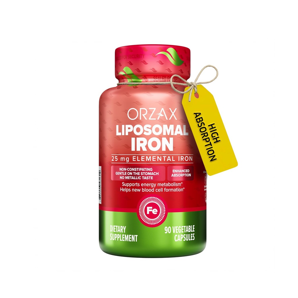 ORZAX Eisen Supplement 25 mg -Liposomale Technologie- Hohe Bioverfügbarkeit 90 Gemüsekapseln, Hilft neue Blutzellenproduktion, nicht-verbindend, nicht-GMO & Glutenfrei, für Frauen, Männer, Erwachsene