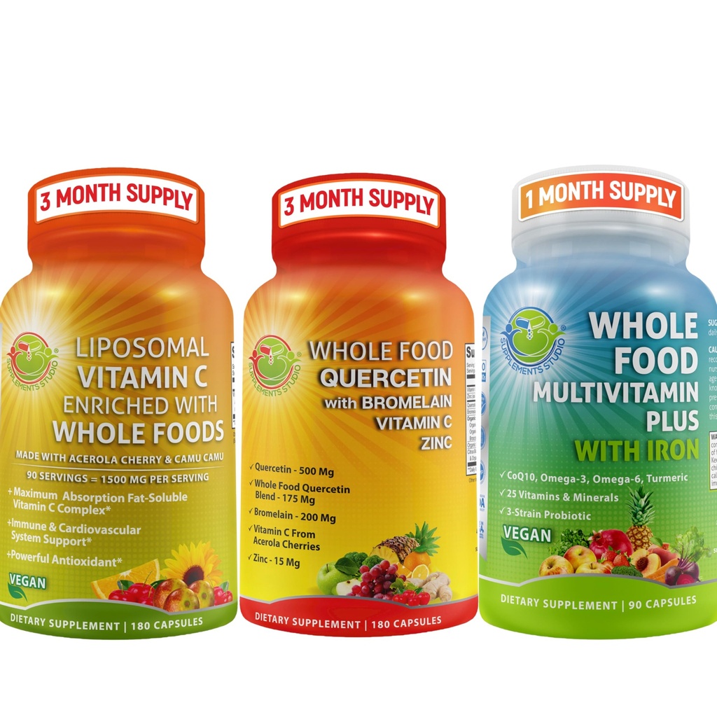Vollständige tägliche Vitamine - Quercetin mit Bromelain Supplement Bundle Up mit Multivitamin Plus für Männer und Frauen mit Eisen- und Liposomale Vitamin C Liquid Gel - für Immun-, Respirator-, Verdauungsunterstützung