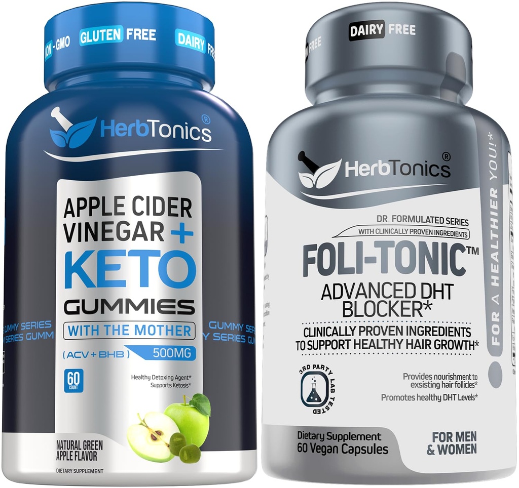 Herbtonics ACV Keto Gummis mit der Mutter & Keto BHB | Apple Cider Essig Gummis - Korean Red Panax Ginseng 1500mg - Foli-Tonic DHT Blocker & Hair Loss Supplement | Hair Thinning Treatment