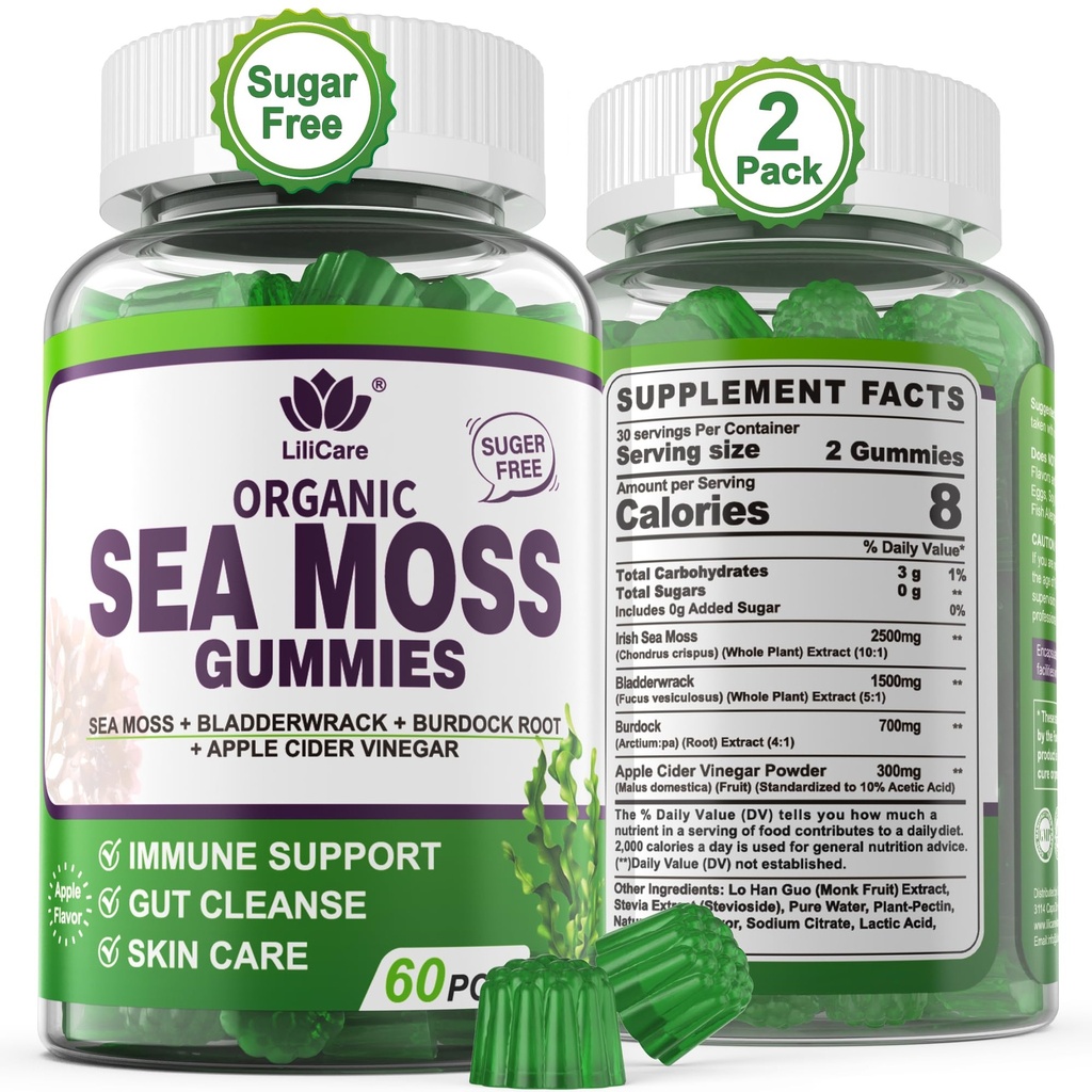 (2 Pack) Sea Moss Gummi - Irish Sea Moss Gummi für Erwachsene & Kinder - Advanced Superfood Seamoss Supplement mit Bio Bladderwrack & Burdock Root Extract,ACV für Daily Immune, Gut Cleanse, Vegan