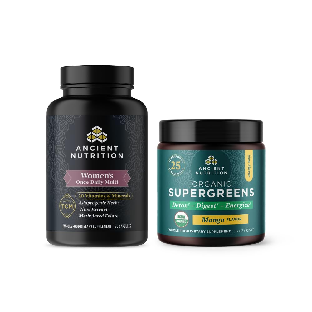 Ancient Nutrition Multivitamin für Frauen, einmal täglich, 30 Count + Organic Supergreens Pulver, Mango, 12 Portionen