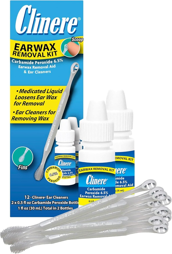 Clinere Earwax Removal Kit, Sicher und sehr sauber Ear Wax, Itch Relief, arbeitet sofort .5oz Carbamid Peroxid, 2 x .5 Fl Oz mit 12 Sticks
