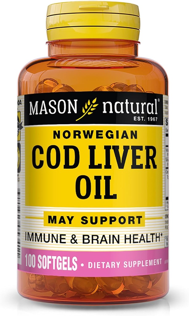 MASON huile de foie de morue naturelle plus vitamine A et D3 - Fonction du coeur et du cerveau en santé, immunité améliorée, soutient la santé globale, 100 softgels