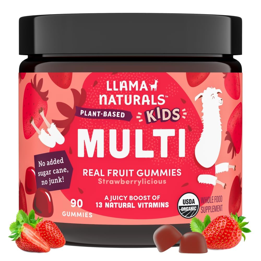 Llama Naturals Kids Multivitamin Gummis, Vegan, Bio mit Vitamin D, C & K, Kleinkind Real Fruit Gummy Vitamins, Kaubare Ergänzung, Ganzes Essen Multivitamin, Ohne Zusatz von Zuckerrohr, Erdbeere, 90 Ct